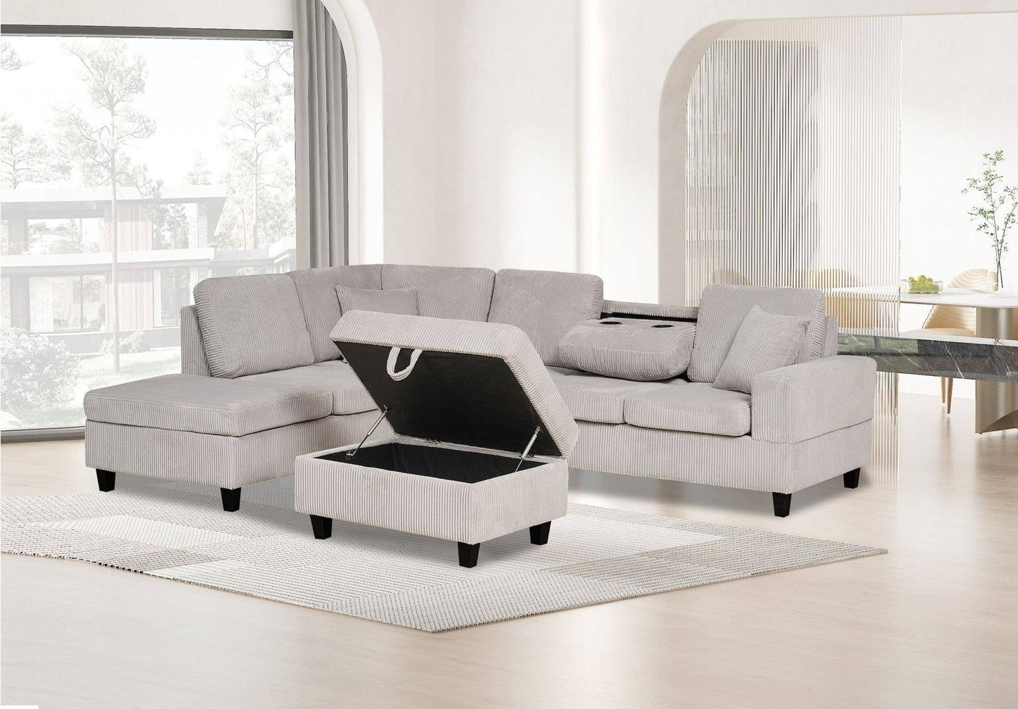 Sectional Set RAF Chaise LAF Sofa Storage Ottoman Beige & USB port