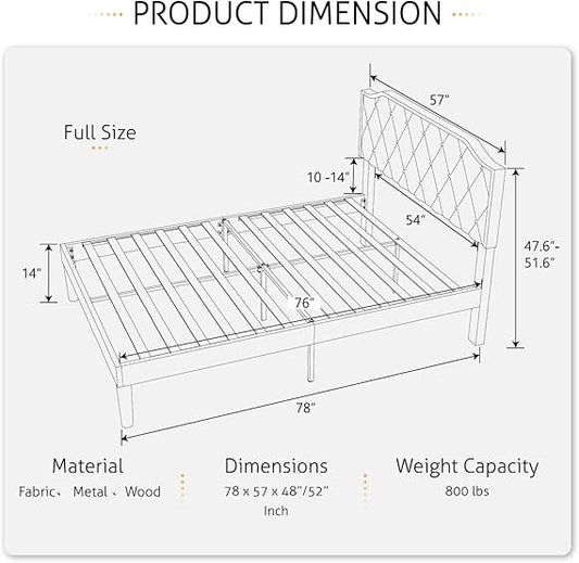 Upholstered Full Size Bed Frame, Platform Bed with Curved Rhombic Button Tufted Headboard, Wood Slat Support, No Box Spring Need, Easy Assembly, Light Grey