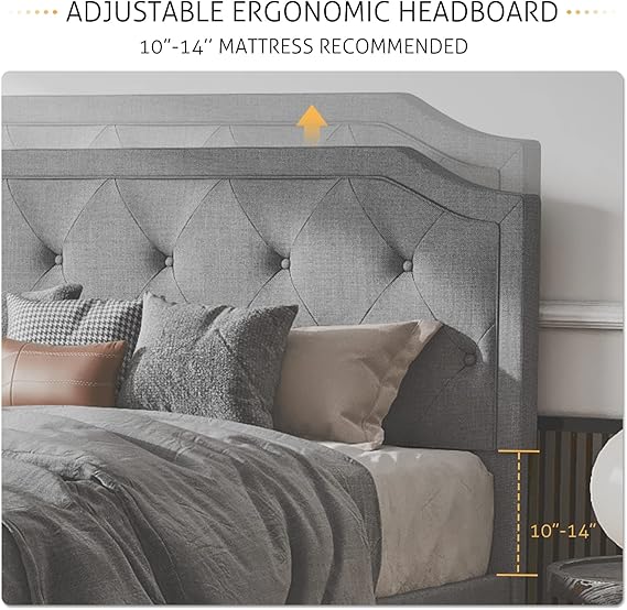Upholstered Full Size Bed Frame, Platform Bed with Curved Rhombic Button Tufted Headboard, Wood Slat Support, No Box Spring Need, Easy Assembly, Light Grey