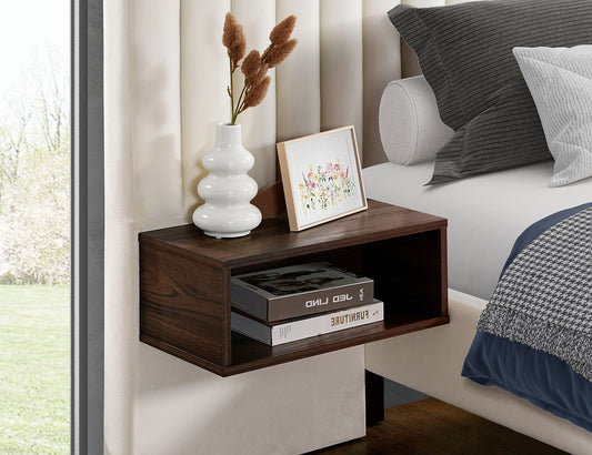 Modern Platform Bed with Floating Night Stands - Creme/Beige Velvet