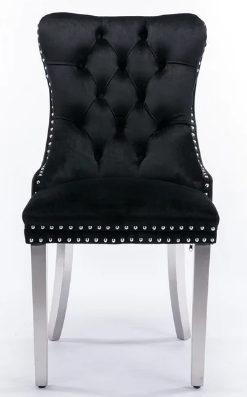 Velvet Upholstered Dining Chairs Set of 7, Wingback Dining Room Chairs with Button Tufted Back, Ring Pull Trim and Stainless Steel Legs, Luxury Dining Chairs for Living Room Kitchen, Black