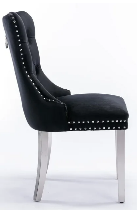 Velvet Upholstered Dining Chairs Set of 7, Wingback Dining Room Chairs with Button Tufted Back, Ring Pull Trim and Stainless Steel Legs, Luxury Dining Chairs for Living Room Kitchen, Black