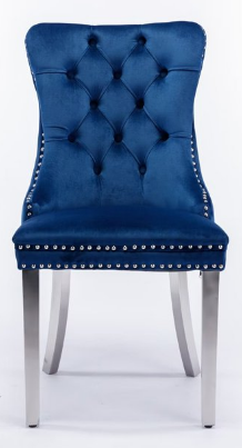 Velvet Upholstered Dining Chairs Set of 7, Wingback Dining Room Chairs with Button Tufted Back, Ring Pull Trim and Stainless Steel Legs, Luxury Dining Chairs for Living Room Kitchen, Blue