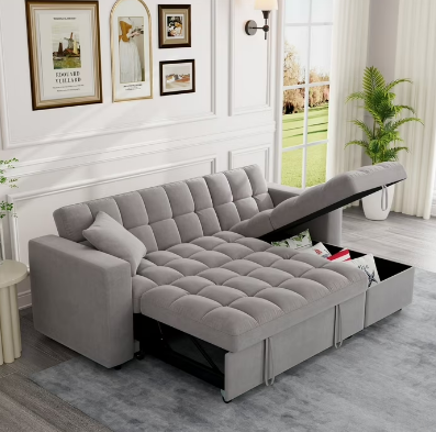 Sleeper Sofa with Storage, Adjustable Backrest, Reversible L-Shaped Pull Out Couch Bed for Living Room, Guest Room, Gray Velvet