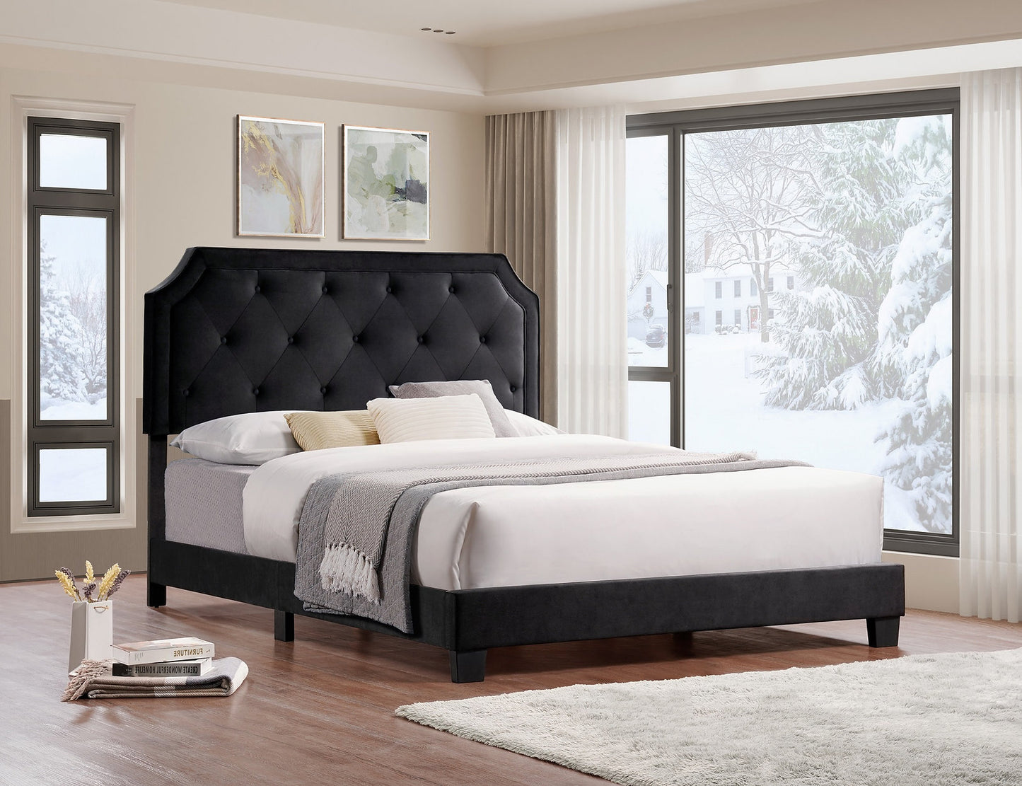 Transitional Style Diamond Pattern Button Tufting Headboard High Density Foam Padding Bed in 1 Box Platform Bed Includes Mattress Support Black Velvet Fabric