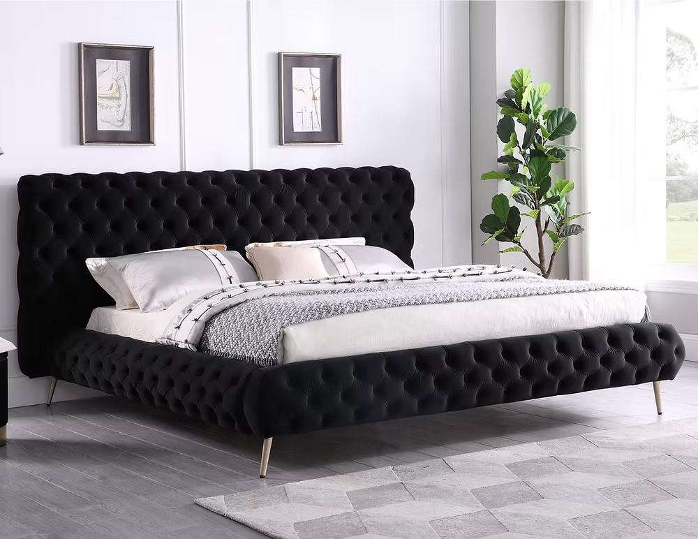 Black Velvet Fabric Bed with Extra Deep Button Tufting and Sleek Chrome Leg Includes Mattress Support