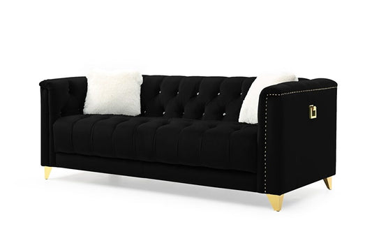 2 Piece Living Room Sofa Set, Including 1 Sofa and 1 Loveseat, Mid-Century Velvet Sofa, Accent Sofa with Golden Metal Legs, Modern Tufted Sofa Couch with Toss Pillow, for Living Room Bedroom, Black