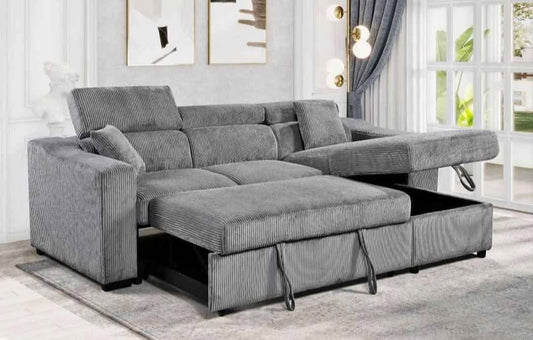 Grey Coutrage Fabric Pull Out Sectional Sofa Bed With Storage, Adjustable Headrests, & Cup Holders
