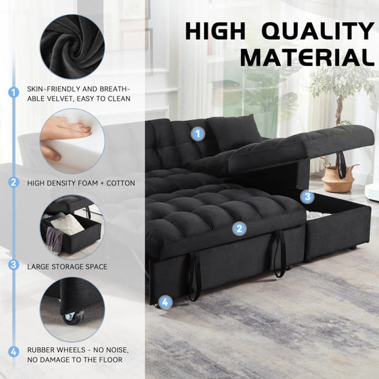 Madrid Velvet 3 Seater Pullout Sofa Bed in Black with Reversible Storage Chaise