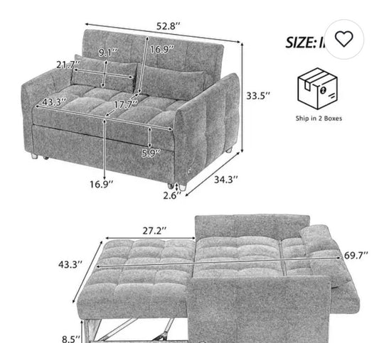 Loveseat Sleeper Sofa with Built-in 3 USB Ports, Adjustable Backrest Convertible Sofa Bed with Lumbar Pillows