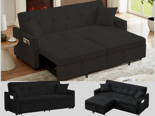 Sleeper Couch with Storage and Pull Out Bed, Oversized Loveseat Futon Sofa Hide-A-Bed Fold Out Couch for Living Room (Black)