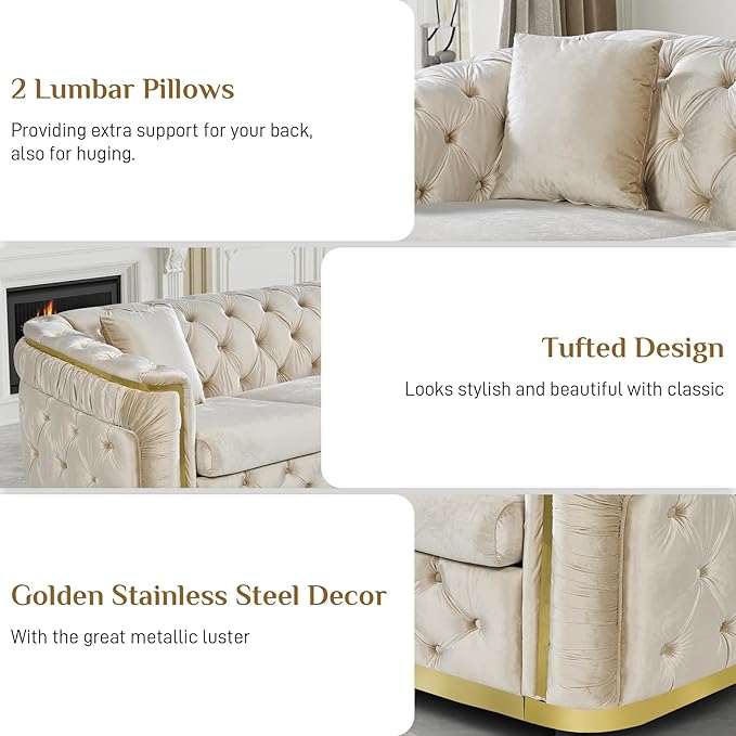 Chesterfield Sofa Luxury Velvet Couch Black and Gold Sofa, Mid Century Modern, Tufted Sofas & Gold Legs, 2 Pieces Living Room Sofas Couches Set for Living Room, 2 + 3 +1