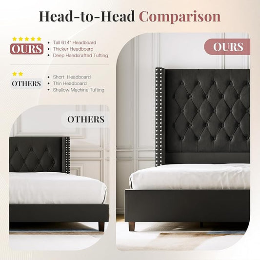 PaPaJet King Size Bed Frame with 61.4" Tall Headboard, Velvet Modern Upholstered Tufted Bed for Adults, Handmade Deep Button Tufting, Solid Wood Legs, No Box Spring Required, Black