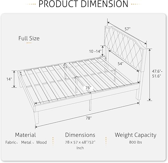 Upholstered Full Size Bed Frame, Platform Bed with Curved Rhombic Button Tufted Headboard, Wood Slat Support, No Box Spring Need, Easy Assembly, Light Grey