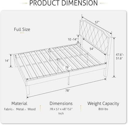 Upholstered Full Size Bed Frame, Platform Bed with Curved Rhombic Button Tufted Headboard, Wood Slat Support, No Box Spring Need, Easy Assembly, Light Grey