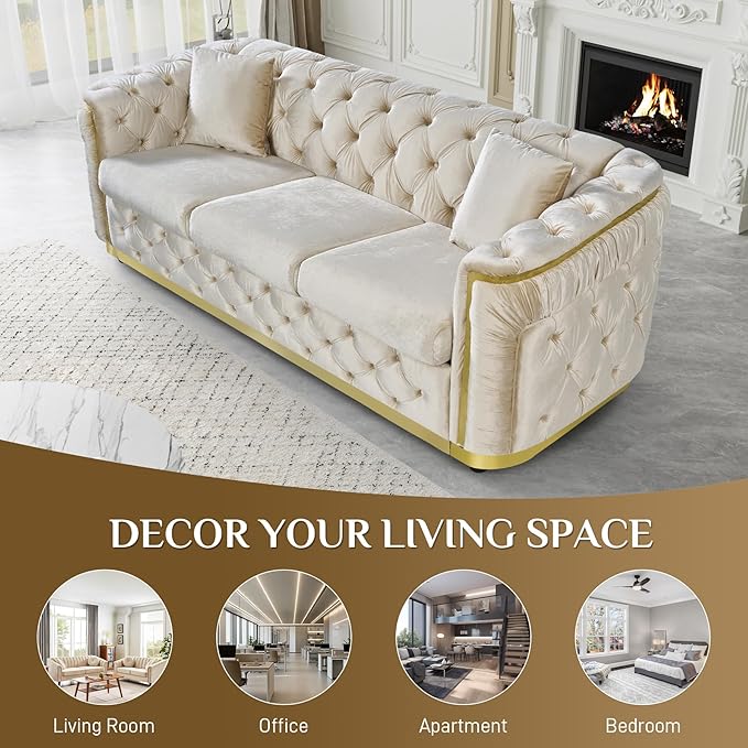 Chesterfield Sofa Luxury Velvet Couch Black and Gold Sofa, Mid Century Modern, Tufted Sofas & Gold Legs, 2 Pieces Living Room Sofas Couches Set for Living Room, 2 + 3 +1