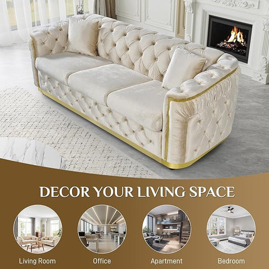 Chesterfield Sofa Luxury Velvet Couch Black and Gold Sofa, Mid Century Modern, Tufted Sofas & Gold Legs, 2 Pieces Living Room Sofas Couches Set for Living Room, 2 + 3 +1