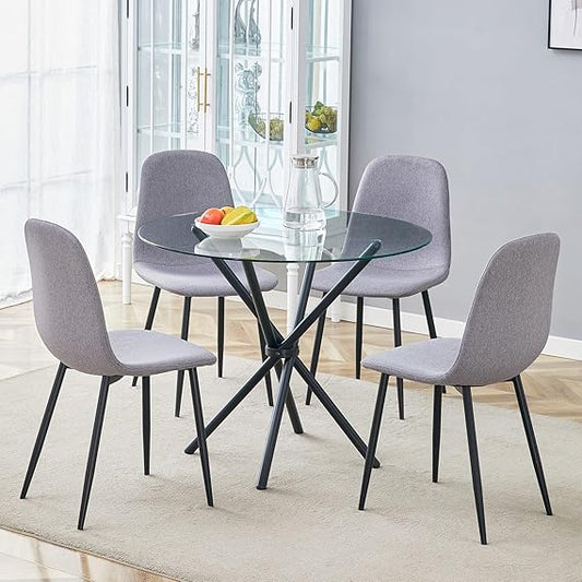 Transparent Tempered Glass Round Table with 4 Light Gray Dining Chairs,for Dining Room Kitchen Hall