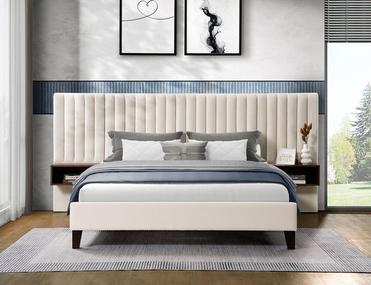 Modern Platform Bed with Floating Night Stands - Creme/Beige Velvet