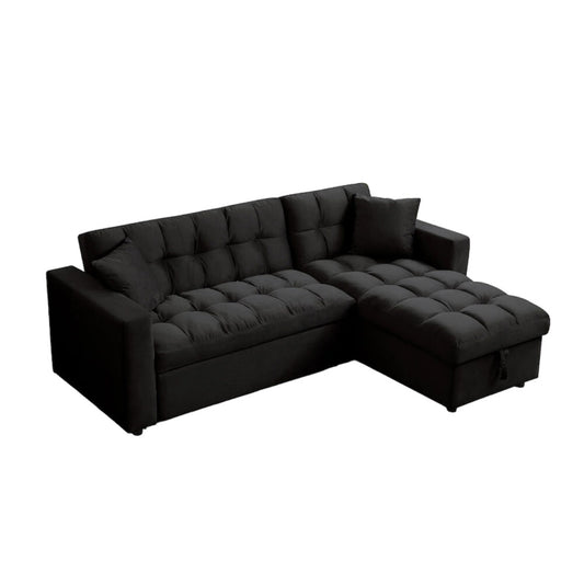 Madrid Velvet 3 Seater Pullout Sofa Bed in Black with Reversible Storage Chaise