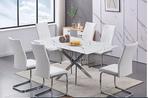 Dining Table Set for 6, 63" Marble Dining Room Table Set for 6, White Tabletop with X-Shaped Silver Base, Leather Chair with C-Shaped Leg, Suitable for Kitchen, Living Room