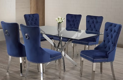 Velvet Upholstered Dining Chairs Set of 7, Wingback Dining Room Chairs with Button Tufted Back, Ring Pull Trim and Stainless Steel Legs, Luxury Dining Chairs for Living Room Kitchen, Blue