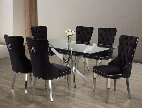 Velvet Upholstered Dining Chairs Set of 7, Wingback Dining Room Chairs with Button Tufted Back, Ring Pull Trim and Stainless Steel Legs, Luxury Dining Chairs for Living Room Kitchen, Black