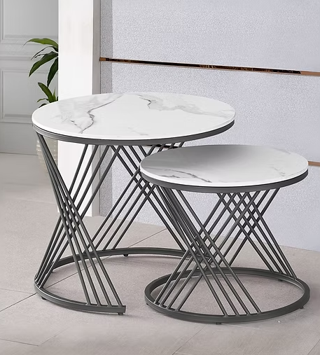 Set of 2 Coffee Tables  Sintered Stone White Marble Top With Black Steel Base.