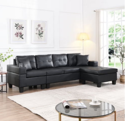 L Shaped Couch Faux Leather Sectional Couch Upholstered 4 Pieces Sofas for Living Room with Chaise, Ottoman with Storage for Office and Small Apartment, Black