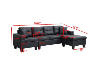 L Shaped Couch Faux Leather Sectional Couch Upholstered 4 Pieces Sofas for Living Room with Chaise, Ottoman with Storage for Office and Small Apartment, Black