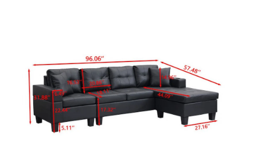 L Shaped Couch Faux Leather Sectional Couch Upholstered 4 Pieces Sofas for Living Room with Chaise, Ottoman with Storage for Office and Small Apartment, Black
