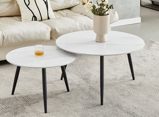 2pc Set Coffee Table Set. Snowy WhiteSintered Stone  Marble Top Black Steel Legs.