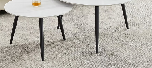 2pc Set Coffee Table Set. Snowy WhiteSintered Stone  Marble Top Black Steel Legs.