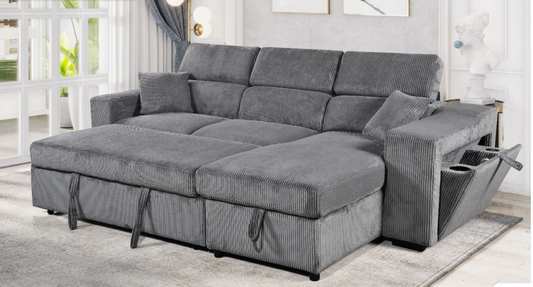 Grey Coutrage Fabric Pull Out Sectional Sofa Bed With Storage, Adjustable Headrests, & Cup Holders
