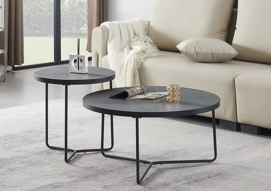 Set of 2 Coffee Tables  Sintered Stone Armani Grey Marble Top With Black Steel