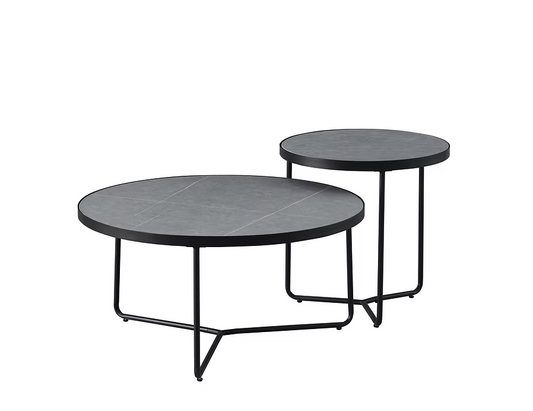 Set of 2 Coffee Tables  Sintered Stone Armani Grey Marble Top With Black Steel