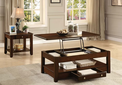 Espresso Coffee Table Set     Coffee Table Contains Lift Top, Shelf and Functional Drawer  End Table Contains Shelf and Functional Drawer