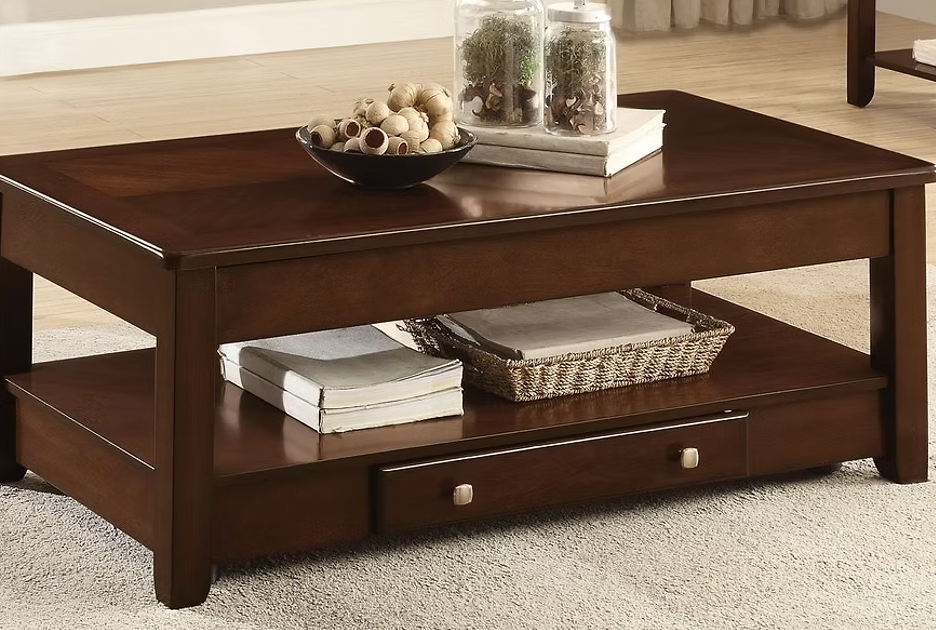 Espresso Coffee Table Set     Coffee Table Contains Lift Top, Shelf and Functional Drawer  End Table Contains Shelf and Functional Drawer