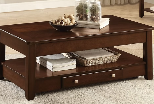 Espresso Coffee Table Set     Coffee Table Contains Lift Top, Shelf and Functional Drawer  End Table Contains Shelf and Functional Drawer