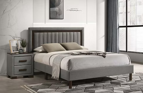 Features Tropical Wood (MDF and Veneers) Upholstered Vertical Pattern Headboard  Dark Grey Fabric with Brown Wood Accents Solid Rubberwood Handles Adjustable Height Headboard 45-49" Height Platform Bed (No Box Required)