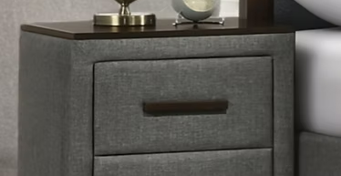 Features Tropical Wood (MDF and Veneers) Upholstered Vertical Pattern Headboard  Dark Grey Fabric with Brown Wood Accents Solid Rubberwood Handles Adjustable Height Headboard 45-49" Height Platform Bed (No Box Required)