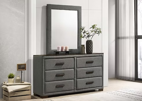 Features Tropical Wood (MDF and Veneers) Upholstered Vertical Pattern Headboard  Dark Grey Fabric with Brown Wood Accents Solid Rubberwood Handles Adjustable Height Headboard 45-49" Height Platform Bed (No Box Required)