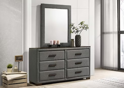 Features Tropical Wood (MDF and Veneers) Upholstered Vertical Pattern Headboard  Dark Grey Fabric with Brown Wood Accents Solid Rubberwood Handles Adjustable Height Headboard 45-49" Height Platform Bed (No Box Required)