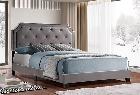 Upholstered Full Size Bed Frame, Platform Bed with Curved Rhombic Button Tufted Headboard, Wood Slat Support, No Box Spring Need, Easy Assembly, Light Grey