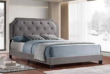 Upholstered Full Size Bed Frame, Platform Bed with Curved Rhombic Button Tufted Headboard, Wood Slat Support, No Box Spring Need, Easy Assembly, Light Grey