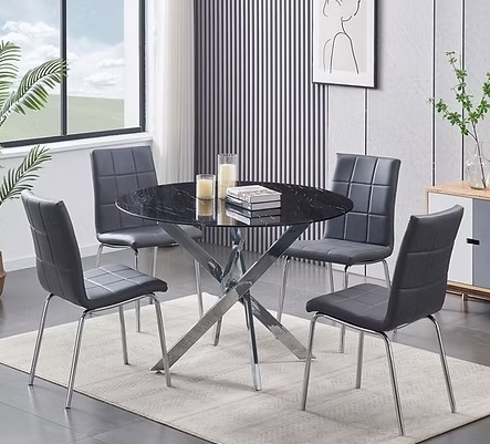 10mm Tempered Black Marble Glass with Chrome Legs  Chairs: Grey PU Cushion Seats with Chrome Legs