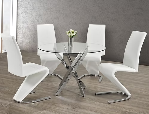 Table: 10mm Tempered Clear Glass with Chrome Legs  Chairs: Upholstered White ‘Z’ Shaped With Chrome Legs