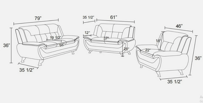 Black Leather Gel 3PC Sofa Set Contemporary Modern Living Room Furniture