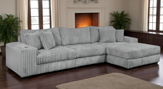 Cordroy Grey Sectional Sofa Set. Its soft corduroy fabric, deep seating, and flexible ottoman make it perfect for relaxing, entertaining, or stretching out after a long day. A stylish fit for any modern Canadian living room.