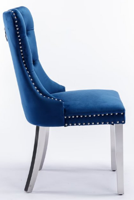 Velvet Upholstered Dining Chairs Set of 7, Wingback Dining Room Chairs with Button Tufted Back, Ring Pull Trim and Stainless Steel Legs, Luxury Dining Chairs for Living Room Kitchen, Blue